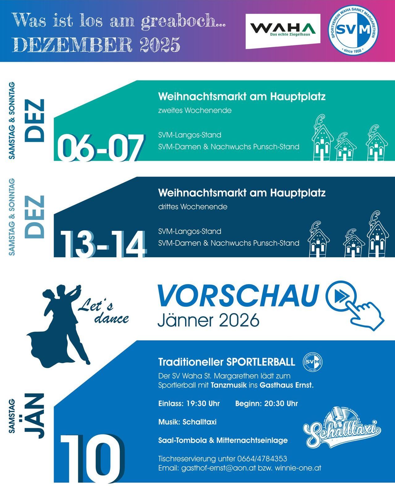 Das Bild zeigt einen Zeitplan für verschiedene Veranstaltungen, einschließlich Weihnachtsmärkte am 6. und 7. sowie am 13. und 14. mit Ständen von SVM-Langes und SVM-Damen & Nachwuchs. Es gibt auch eine traditionelle Sportlerball-Veranstaltung im Januar.