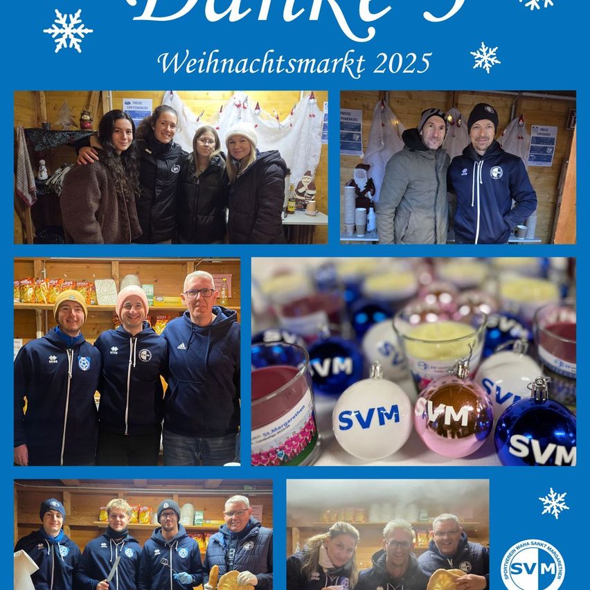 Eine Collage von Bildern vom Weihnachtsmarkt 2025. Es zeigt Menschen in Jacken, einige posieren mit Produkten, und ein Nahaufnahme von Weihnachtskugeln. Schneeflocken schmücken den Hintergrund.