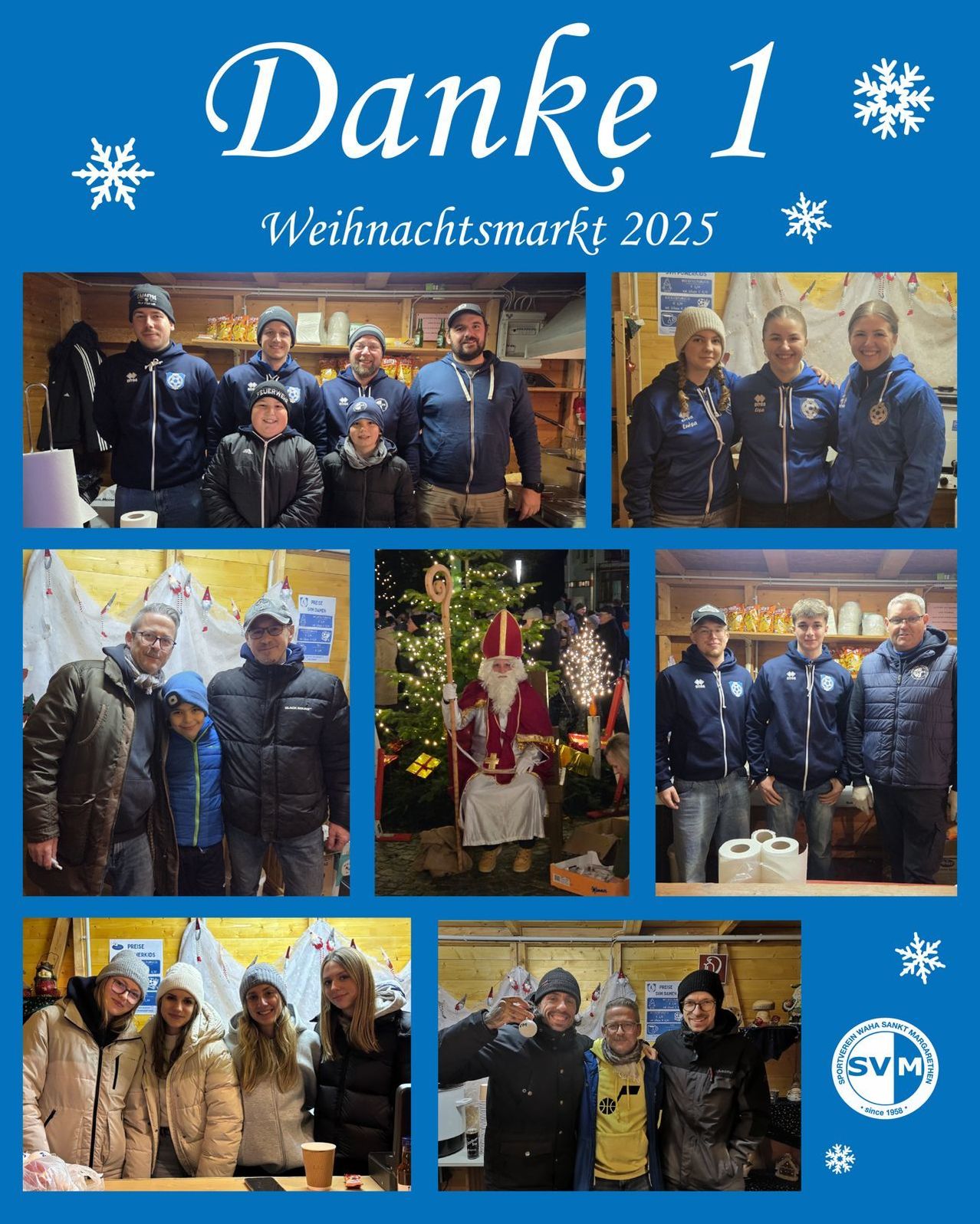 Eine Collage von Fotos vom Dunker Weihnachtsmarkt 2025, mit verschiedenen Gruppen von Menschen in Winterkleidung, einige mit Medaillen, um einen Weihnachtsbaum und den Weihnachtsmann herum.