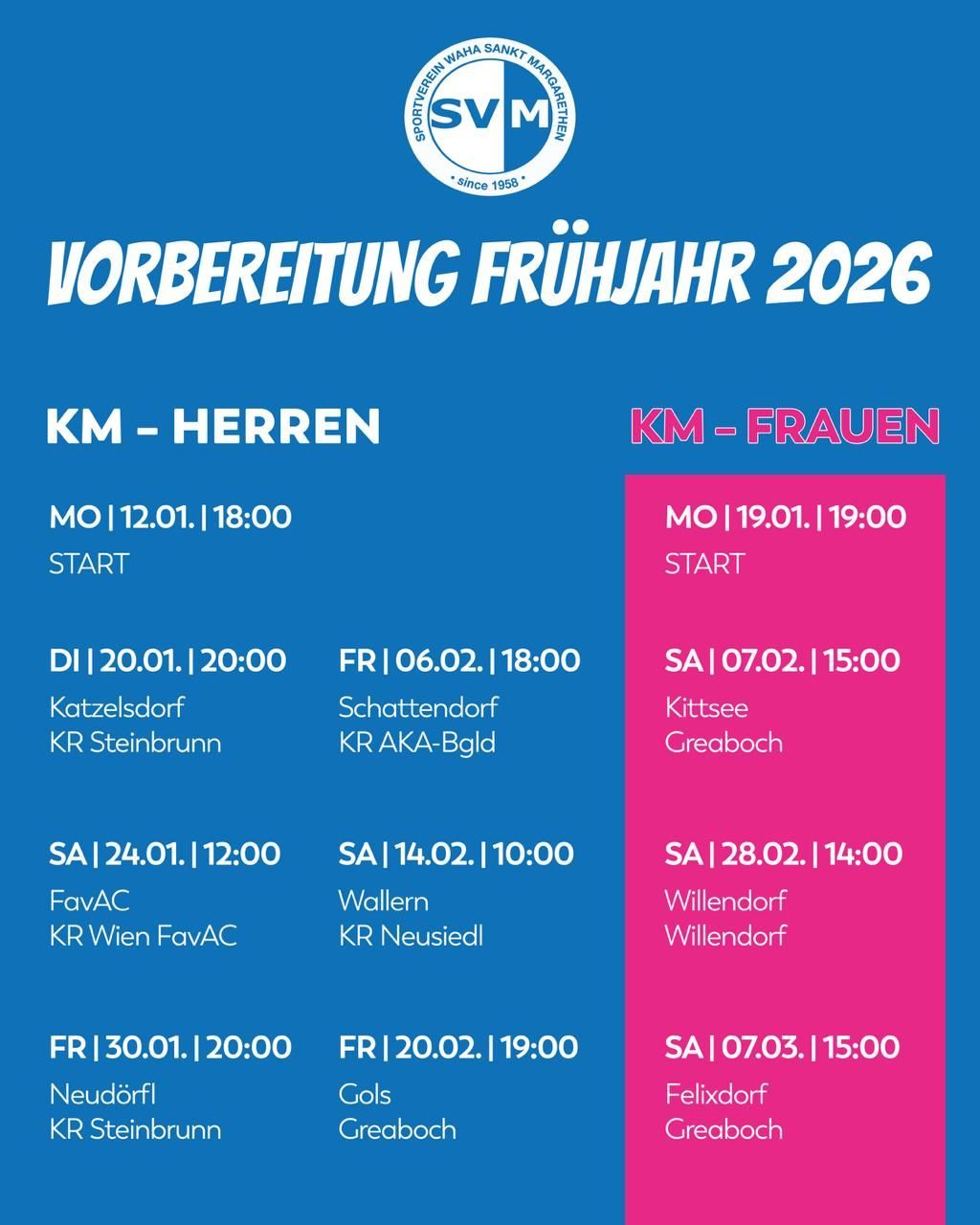 Ein Bild zeigt den Zeitplan für die Frühjahrsvorbereitung 2026 für KM-Herren und KM-Frauen. Es enthält Daten, Uhrzeiten und Orte für verschiedene Veranstaltungen. Die erste Veranstaltung ist am Montag, 12.01.2026 um 18:00 in Katzensdorf.