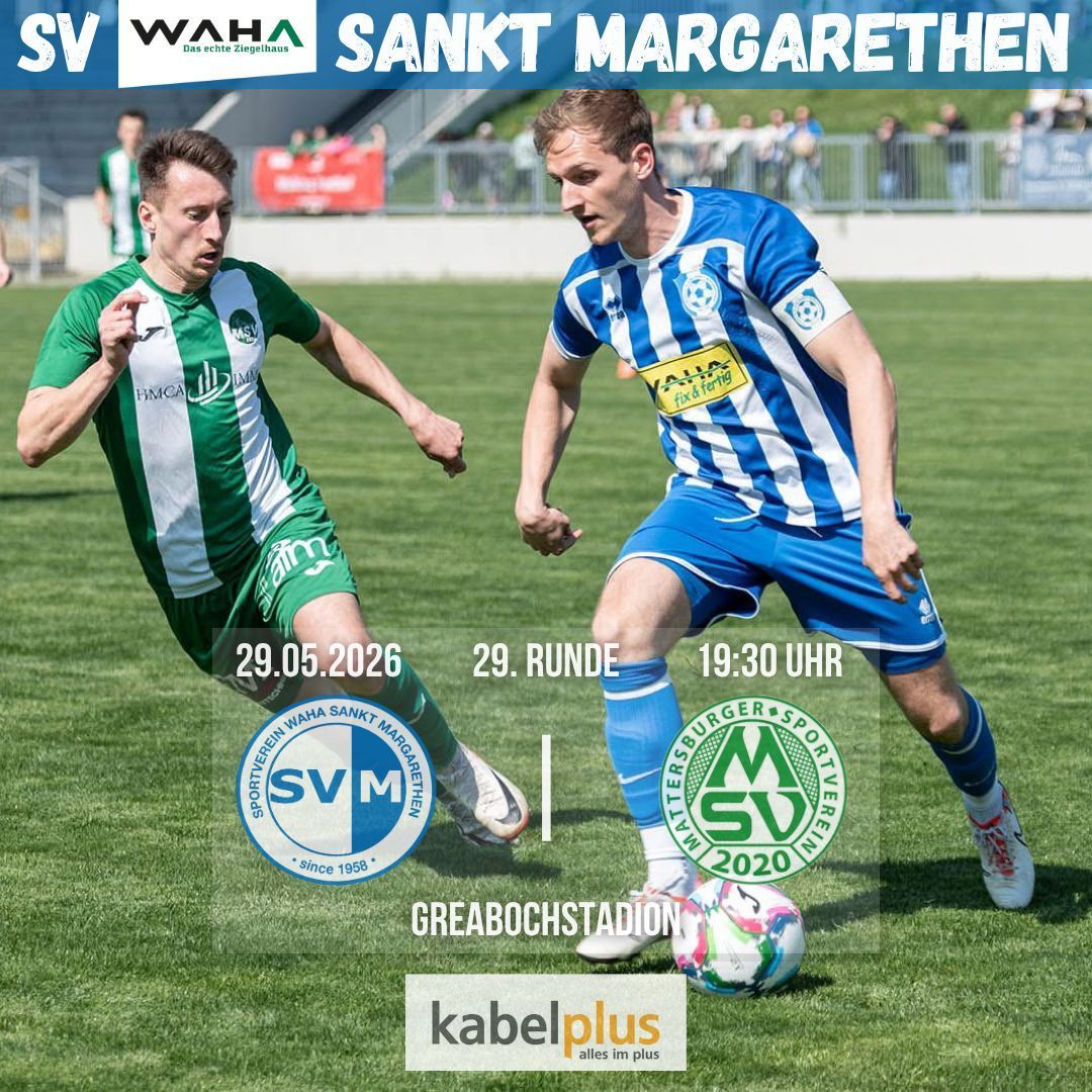 Zwei Fußballspieler konkurrieren auf einem Spielfeld. Das Match ist für den 29. Mai 2026 angesetzt. Ein Spieler trägt ein grün-weißes Trikot, der andere ein blau-weißes. Das Spiel wird von WAHA gesponsert.