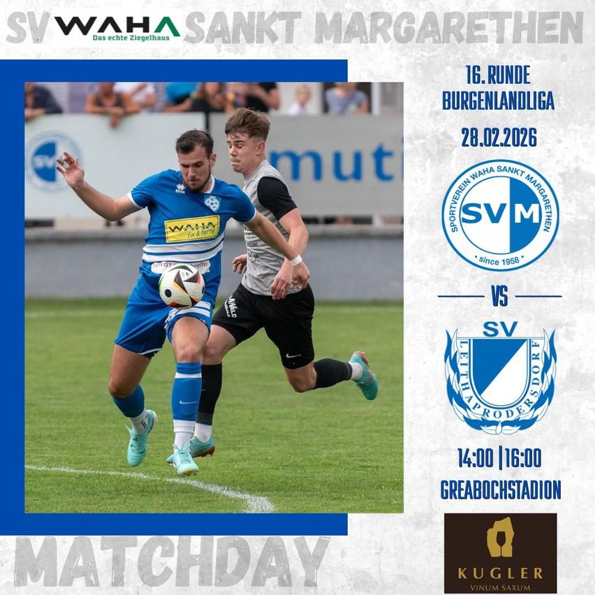Plakat eines Fußballspiels mit aktiven Spielern, Spieltag, Datum 28.02.2026, Zeit 14:00 und 16:00, Ort Greabochstadion.