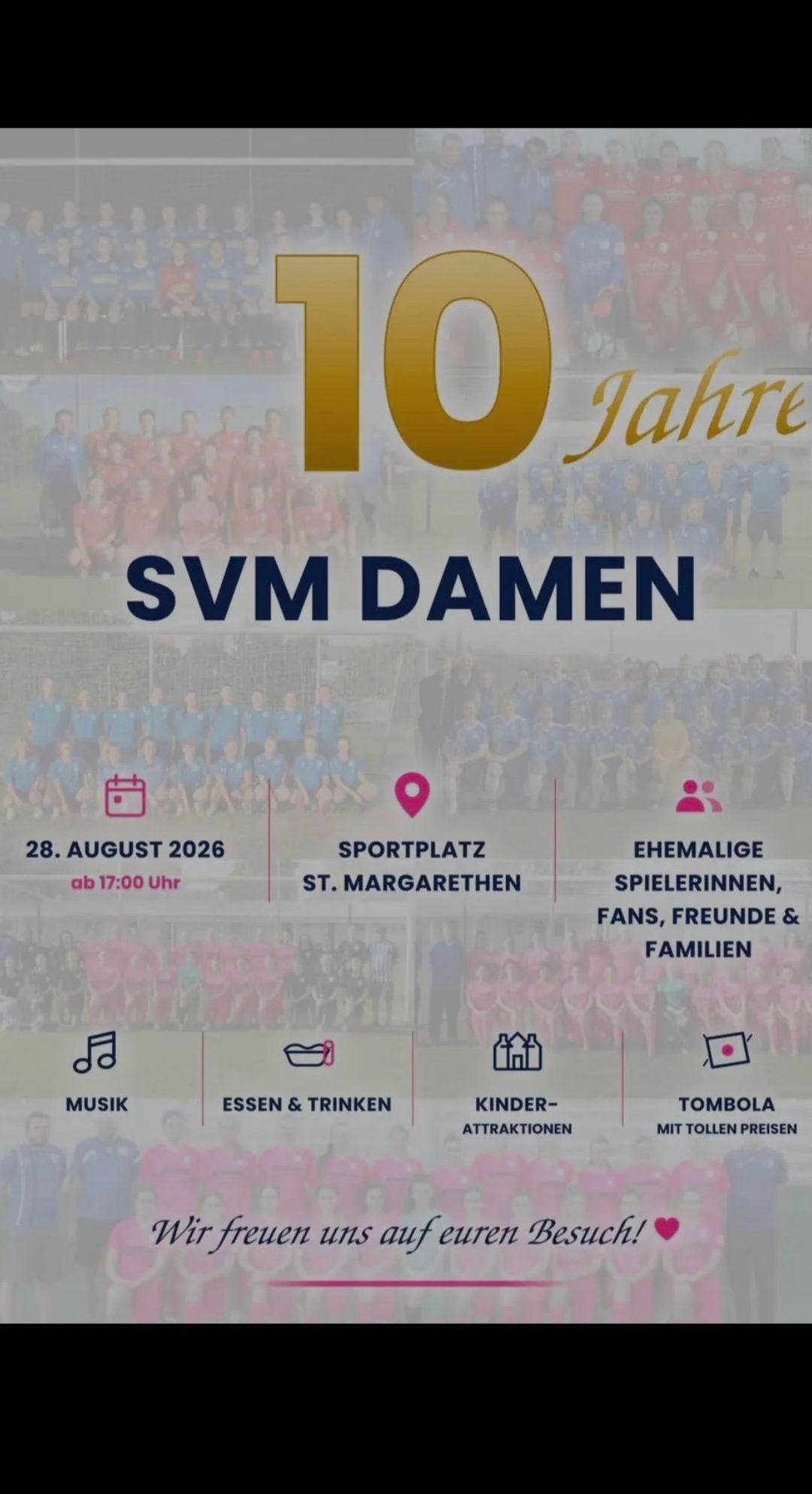 Plakat für das 10-jährige Jubiläum von SVM Damen, mit Gruppenfoto der Spielerinnen, Veranstaltungsdetails und Symbolen für Musik, Essen und Trinken, Kinderattraktionen und eine Tombola.