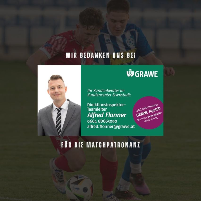 Ein Werbebild für eine Spielpatenschaft mit einem Mann in Anzug vor einem Fußball im Vordergrund und zwei Spielern im Hintergrund. Der Mann heißt Alfred Flonner und ist Teamleiter.