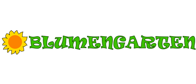 Das Bild zeigt das Wort 'Blumengarten' in grüner Schrift mit einem Sonnenblumensymbol auf der linken Seite. Die Sonnenblume ist gelb mit orangefarbenen Blütenblättern.