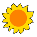 Illustration einer Sonne mit gelben Blütenblättern und einem orangefarbenen Zentrum auf weißem Hintergrund.