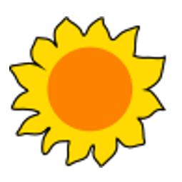 Illustration einer Sonne mit gelben Blütenblättern und einem orangefarbenen Zentrum auf weißem Hintergrund.
