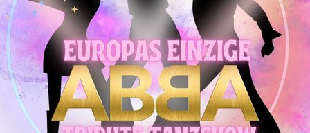 Plakat für Europas einzige ABBA-Tribute-Tanzshow. Drei Frauensilhouetten tanzen. Herzschlagmuster am unteren Rand.