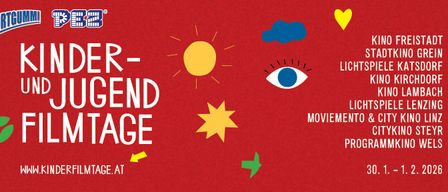 Ein roter Plakat mit Symbolen einer Sonne, eines Auges, eines Herzens, einer Wolke, eines Sterns und Pfeilen. Der Text lautet 'ER-GENDAGE'. Die Webseite ist 'PAGE.AT'. Es gibt auch eine Erwähnung von 'MOVIEMENT'.