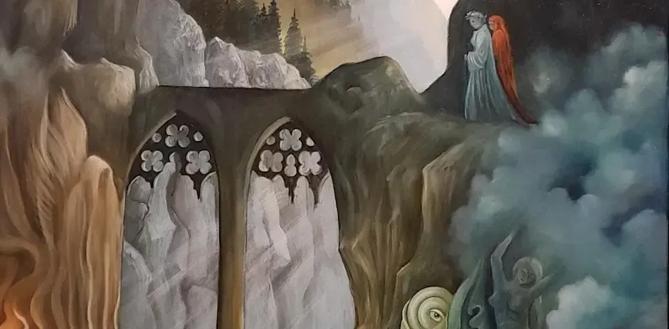 Ein Gemälde, das eine Brücke mit zwei gewölbten Fenstern, eine Frau in einem weißen Gewand mit roten Haaren und einen bewölkten Himmel im Hintergrund zeigt.