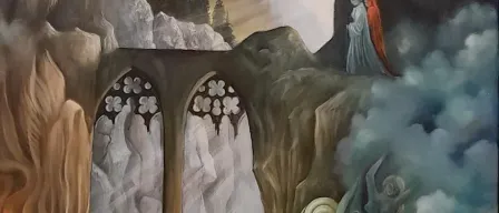 Ein Gemälde, das eine Brücke mit zwei gewölbten Fenstern, eine Frau in einem weißen Gewand mit roten Haaren und einen bewölkten Himmel im Hintergrund zeigt.