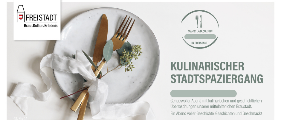 A flyer for a culinary city tour in Freistadt, featuring a plate with cutlery, flowers, and text in German. It costs €69 per person and offers an evening filled with stories and flavors. Contact office@freistadt.city for more info.