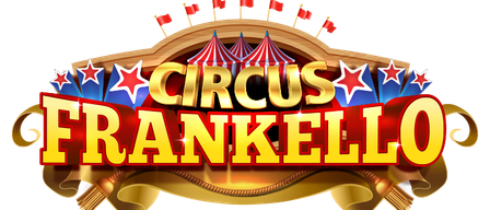 Das Logo für Circus Frankello zeigt ein goldenes Banner mit roten Sternen und Flaggen auf schwarzem Hintergrund. Der Name 'CIRCUS FRANKELLO' ist in fetten, gelben Buchstaben prominent dargestellt. Darüber sind drei rote Flaggen an einem hölzernen Bogen befestigt.