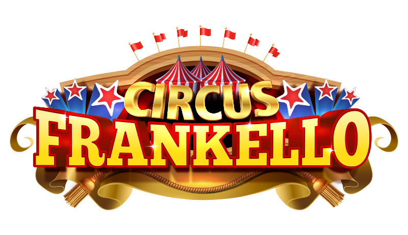 Das Logo für Circus Frankello zeigt ein goldenes Banner mit roten Sternen und Flaggen auf schwarzem Hintergrund. Der Name 'CIRCUS FRANKELLO' ist in fetten, gelben Buchstaben prominent dargestellt. Darüber sind drei rote Flaggen an einem hölzernen Bogen befestigt.