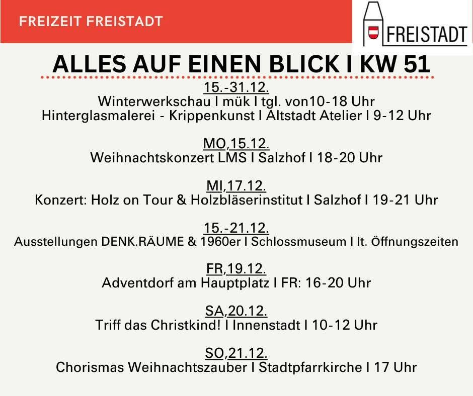 Plakat für Freistadt-Veranstaltungen. Es beinhaltet einen Winterworkshop, Glasmalerei und Puppenkunst. Es erwähnt auch ein Weihnachtskonzert, Holztour und Blaserinstitut-Konzert. Es nennt Ausstellungen, ein Adventdorf, Begegnung mit dem Christkind und einen Weihnachtschorzauber.