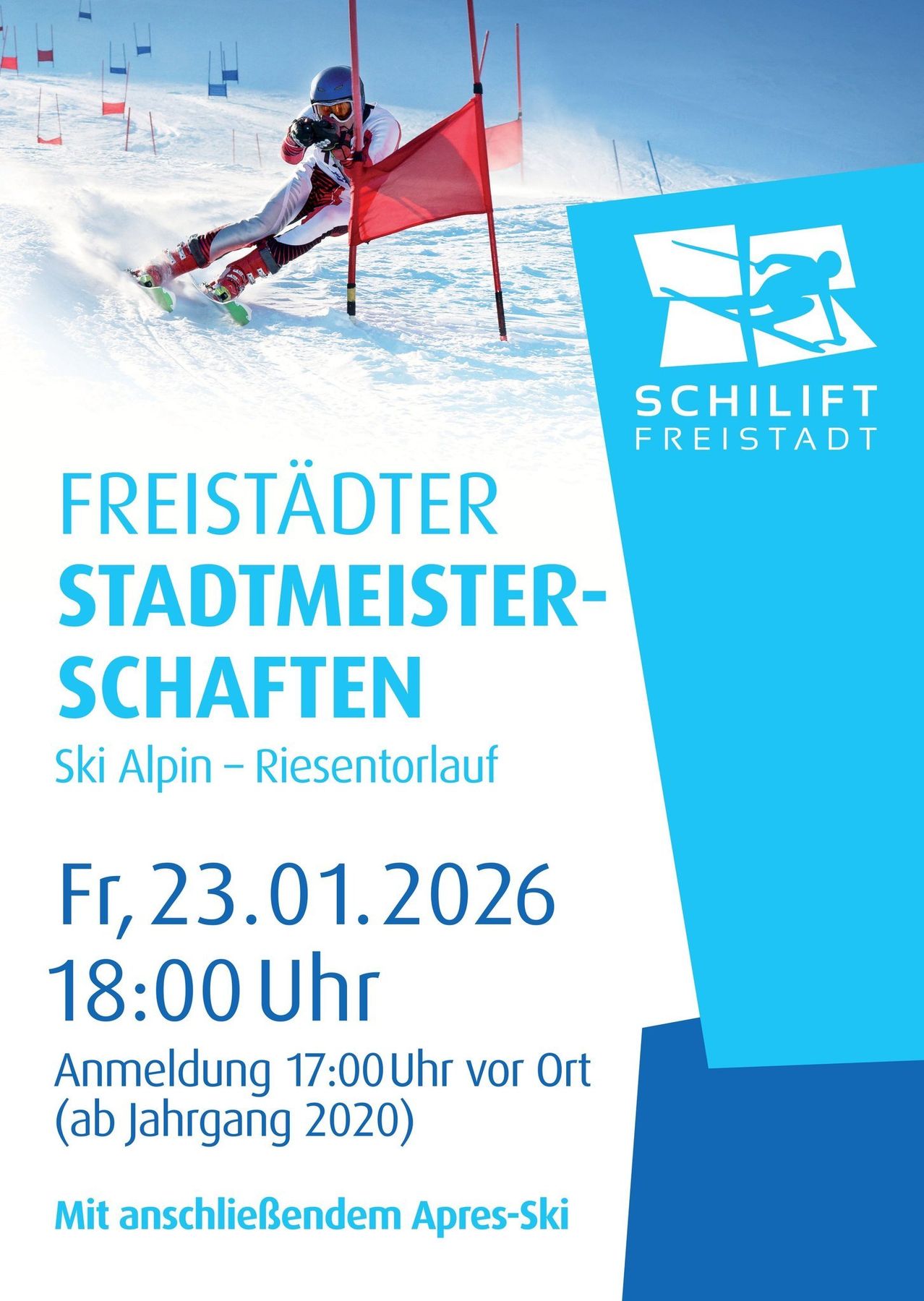 Plakat für das Freistädter Stadtmeister-Schaften Ski-Event am Fr, 23.01.2026 um 18:00. Anmeldung um 17:00.