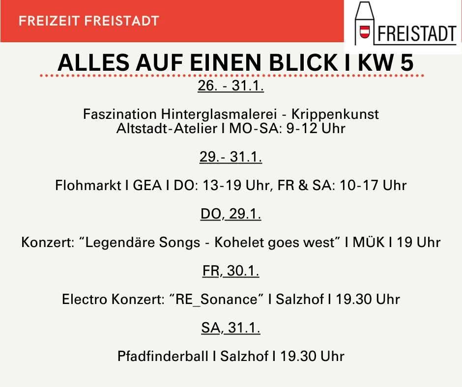 Zeit Freistadt Veranstaltungsflyer, mit Zeitplan für Woche 5. Aktivitäten umfassen Hinterglassmalerei und Häkelkunst von Mo-Sa von 9-12 Uhr, einen Flohmarkt von Mo-Sa von 10-17 Uhr und Freitagabendkonzerte.