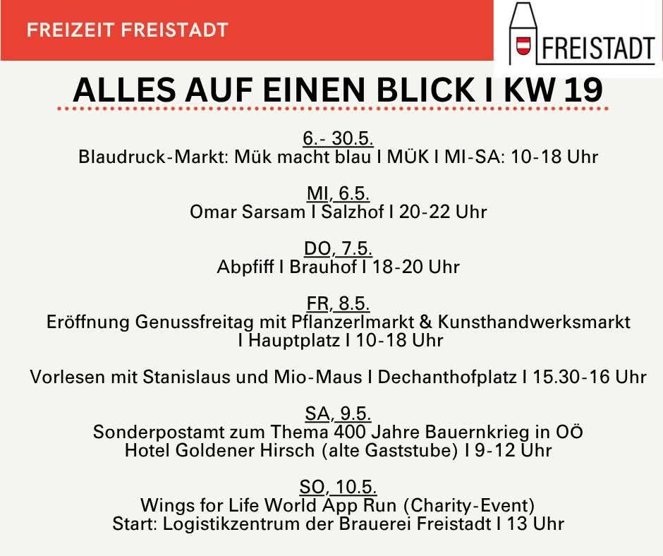 Freistadt event: Blaudruck market, Mük market, Omar Sarsam, DO, FR, reading, special postmark, Wings for Life World App Run. Times and locations provided.