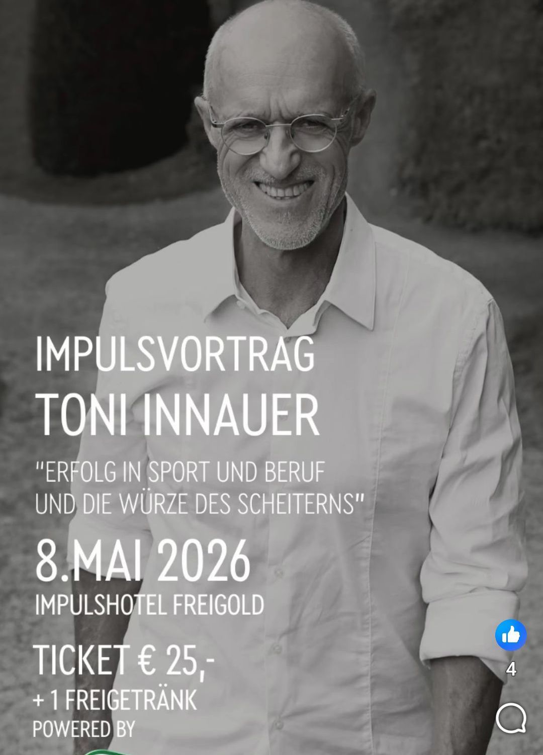 A smiling man in glasses and a white shirt stands against a blurry background. The text reads 'IMPULSVORTRAG TONI INNAVER' and 'ERFOLG IN SPORT UND BERUF UND DIE WÜRZE DES SCHEITERNS'. The date 8. MAI 2026 is displayed.