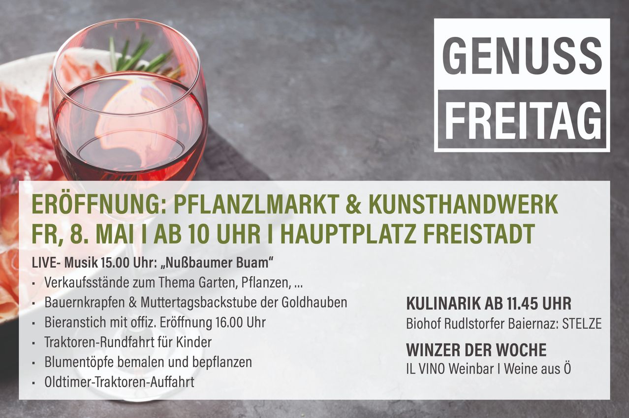 An image of a glass of wine on a table with an advertisement for a plant market and a culinary event.