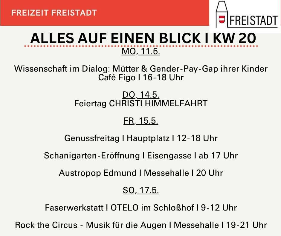 Event flyer for Freistadt featuring various events such as science dialogue on mothers and gender pay gap, Christi Himmelfahrt on Friday, taste festival on Hauptplatz, Schanigarten opening, Austropop Edmund, Faserwerkstatt, and Rock the Circus at Messehalle.