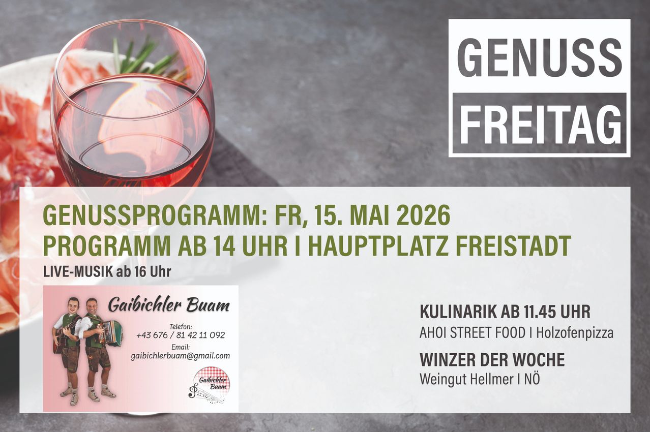 A poster for Genfrei with a glass of red wine. The event is on Friday, May 15, 2026, starting at 2 PM. Details include contact information and a wine offer.