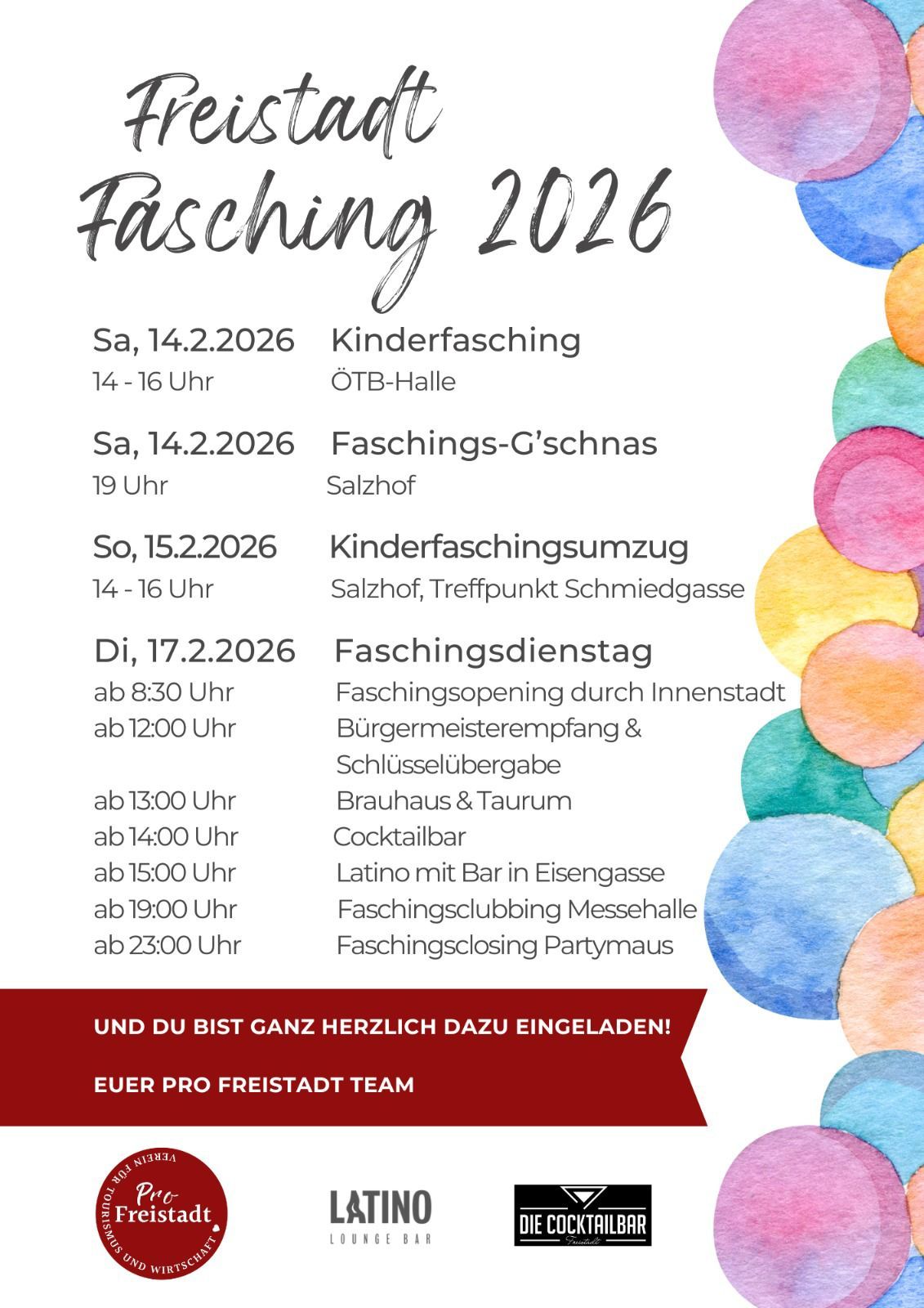 Plakat für Fasching 2016 mit Daten und Veranstaltungen: Kinderfasching am 14.2.2026, Fasching G'schnas um 19 Uhr, Kinderfaschingsumzug am 15.2.2026 und Faschingsdienstag am 17.2.2026 mit Veranstaltungen den ganzen Tag. Einladung zur Teilnahme.
