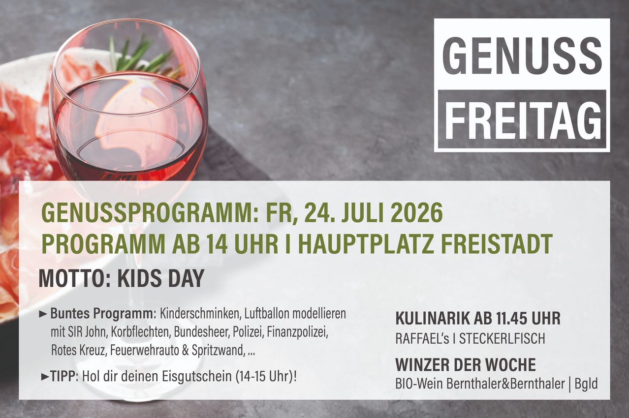 Eine Werbung für einen Kids Day am 24. Juli 2026 mit Aktivitäten wie Ballonmodellierer, Gesichtsbemalung und Feuerwehrauto.