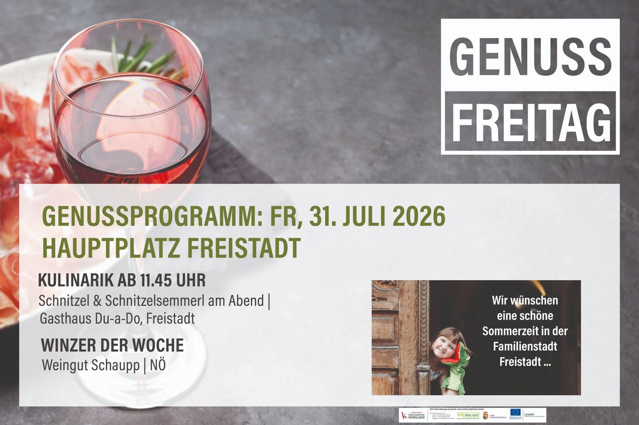 Ein Werbeplakat für eine Veranstaltung in Freistadt am 31. Juli 2026, mit einem Glas Rotwein und einem lächelnden Mädchen mit einem grünen Dinosaurier-Spielzeug.