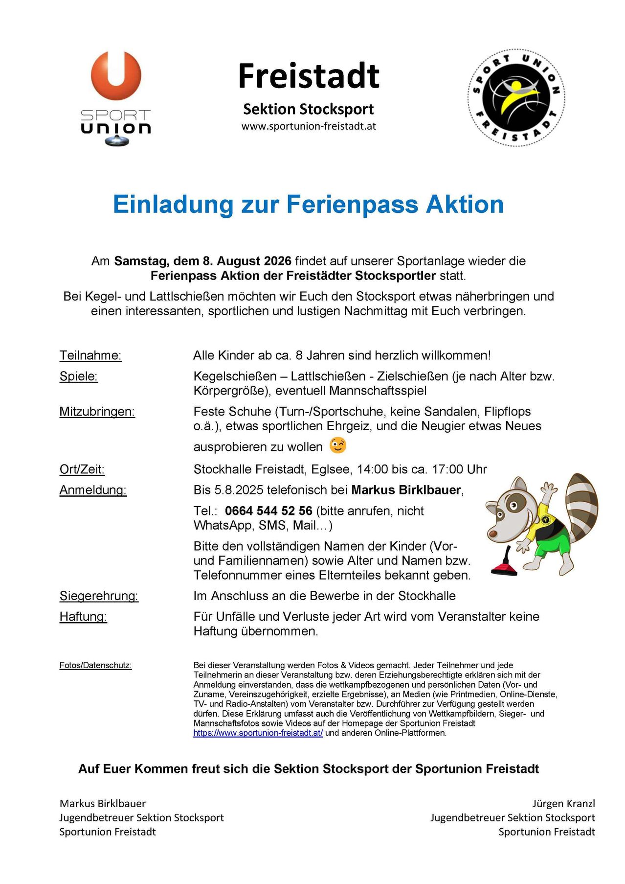A flyer for the Ferienpass Aktion event on August 8, 2026, at the Freistädter Stocksportler sports facility. It invites children aged around 8 and up to participate in games like bowling, table tennis, and target shooting. Participants should bring sports shoes, sports equipment, and a sense of adventure. Registration is required by calling Markus Birklbauer. The event will take place from 2 PM to 5 PM.