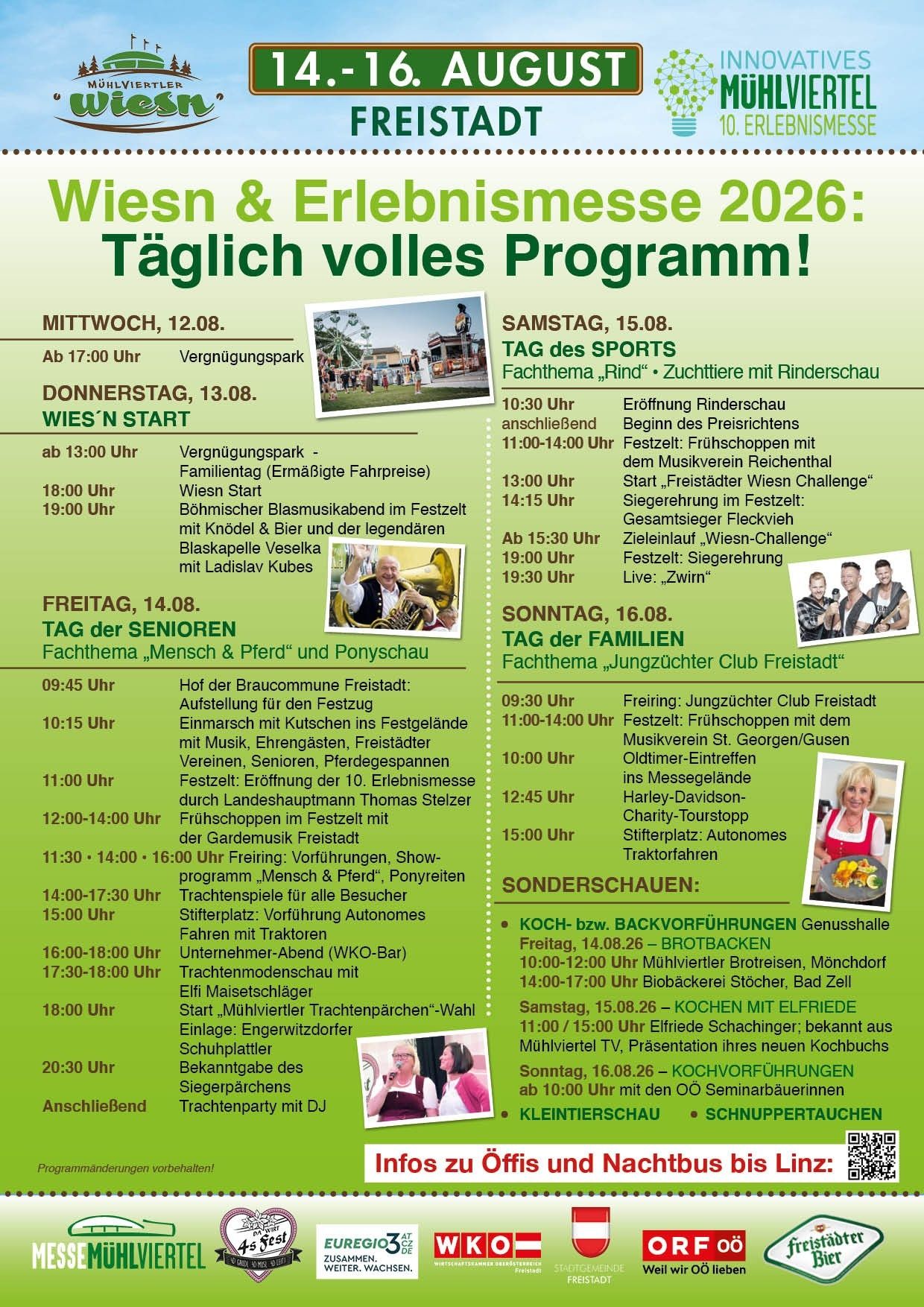 Poster for Wiesn & Erlenmesse 2026, featuring a full daily program schedule, activities for seniors, family activities, sports events, and special cooking demonstrations. The poster includes a schedule for various events on different days, with activities ranging from music performances to tractor rides and cooking classes.