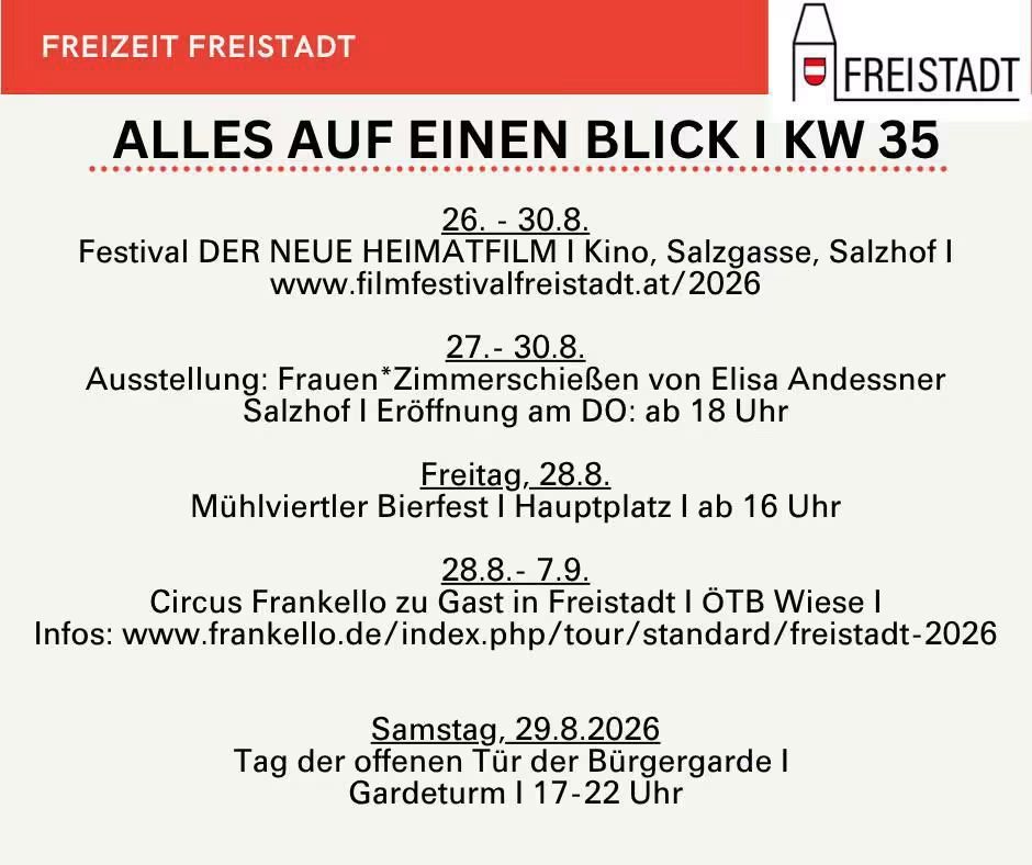 Plakat für das Freistadt-Festival mit Terminen und Veranstaltungen, einschließlich eines Filmfestivals, einer Kunstausstellung, eines Maisfestes und einer Zirkusveranstaltung. Das Plakat ist auf Deutsch.