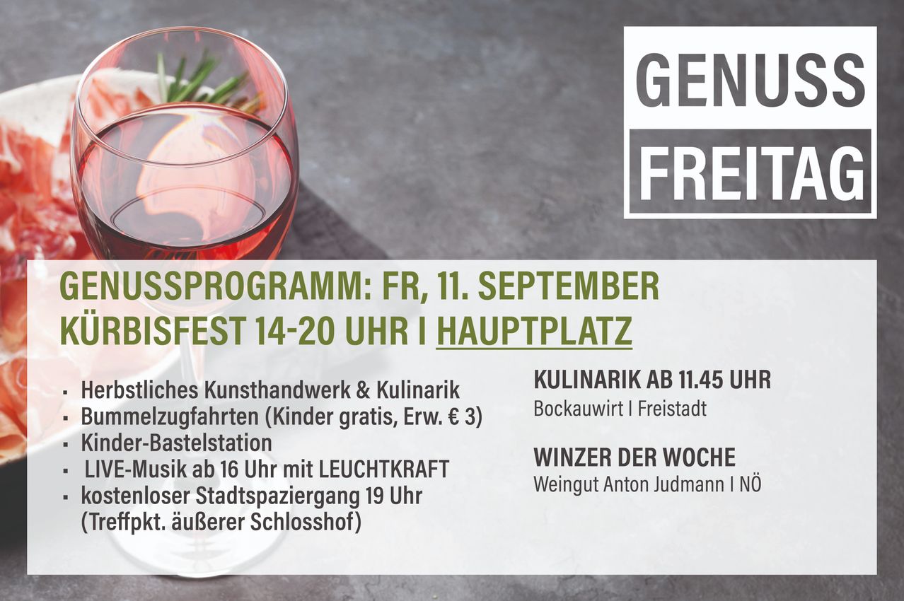 Ein Veranstaltungsplakat mit einem Glas Rotwein, Text über ein Festival am 11. September und Details zu kulinarischen Aktivitäten und Weinverkostungen.
