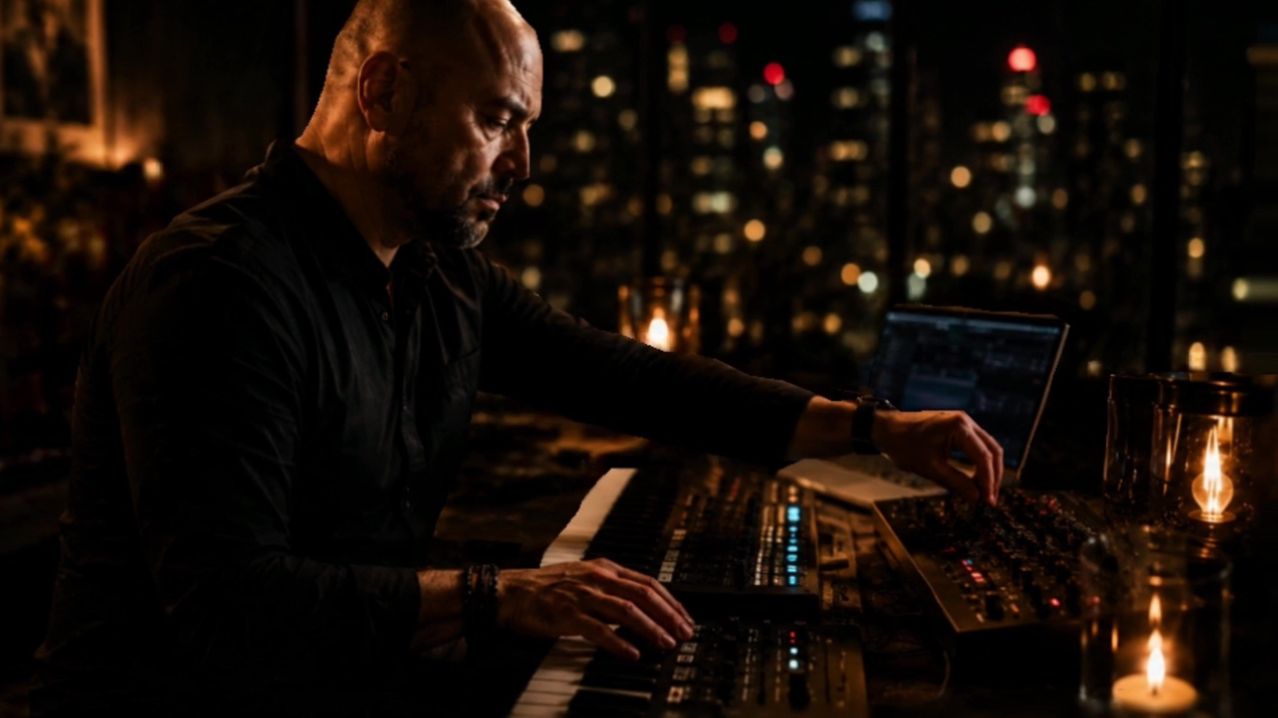 Ein Mann in einem schwarzen Hemd spielt eine Tastatur in einem schwach beleuchteten Raum mit Stadtlichtern im Hintergrund.
