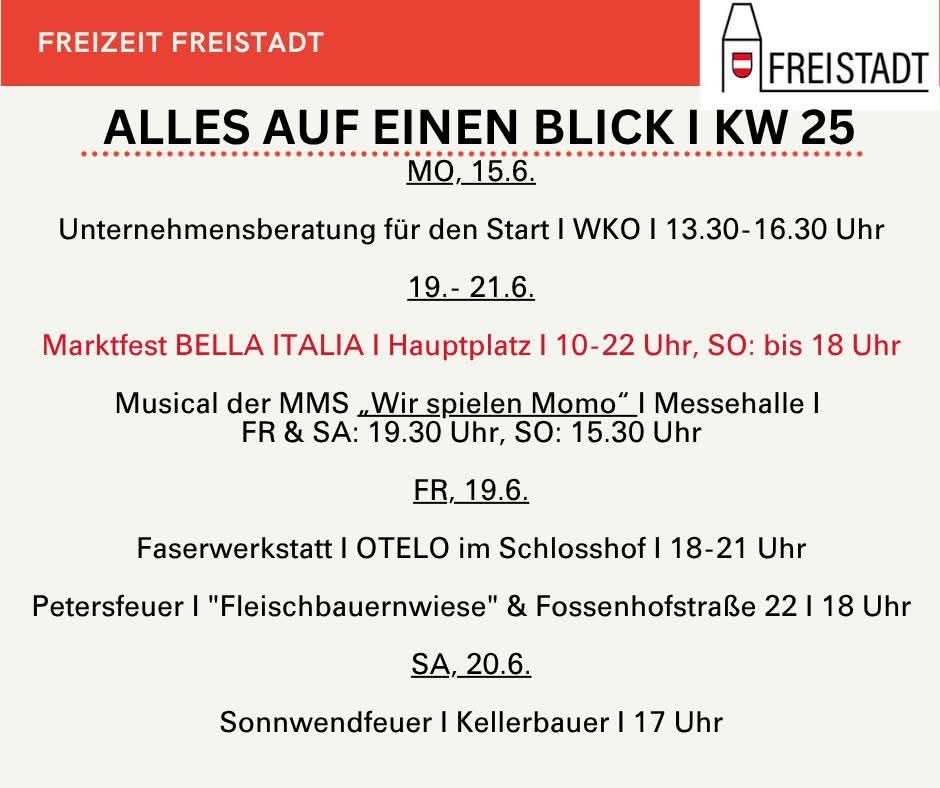 Zeit Freistadt: Veranstaltungen vom 19. bis 21. Juni. Beinhaltet Unternehmensberatung, Bella Italia Markt, musikalische Aufführung, Faserkunstworkshop, Lagerfeuer und ein Sonnenuntergangsfeuer.