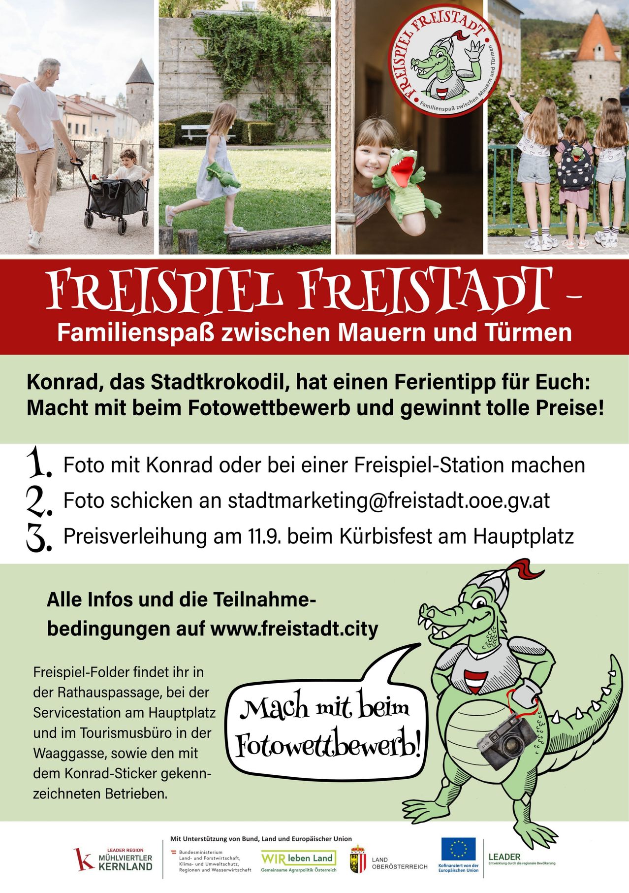 Plakat für einen Fotowettbewerb in Freistadt, mit einem Comic-Krokodile und Teilnahmebedingungen. Das Plakat zeigt Bilder von Kindern und Familien.