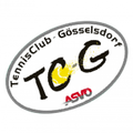 Logo des Tennis Clubs Gosselsdort mit einem gelben Tennisball, der von einem Tennisschläger getroffen wird, und den Initialen TCG in schwarzem Schriftzug mit ASV in rotem Schriftzug darunter.