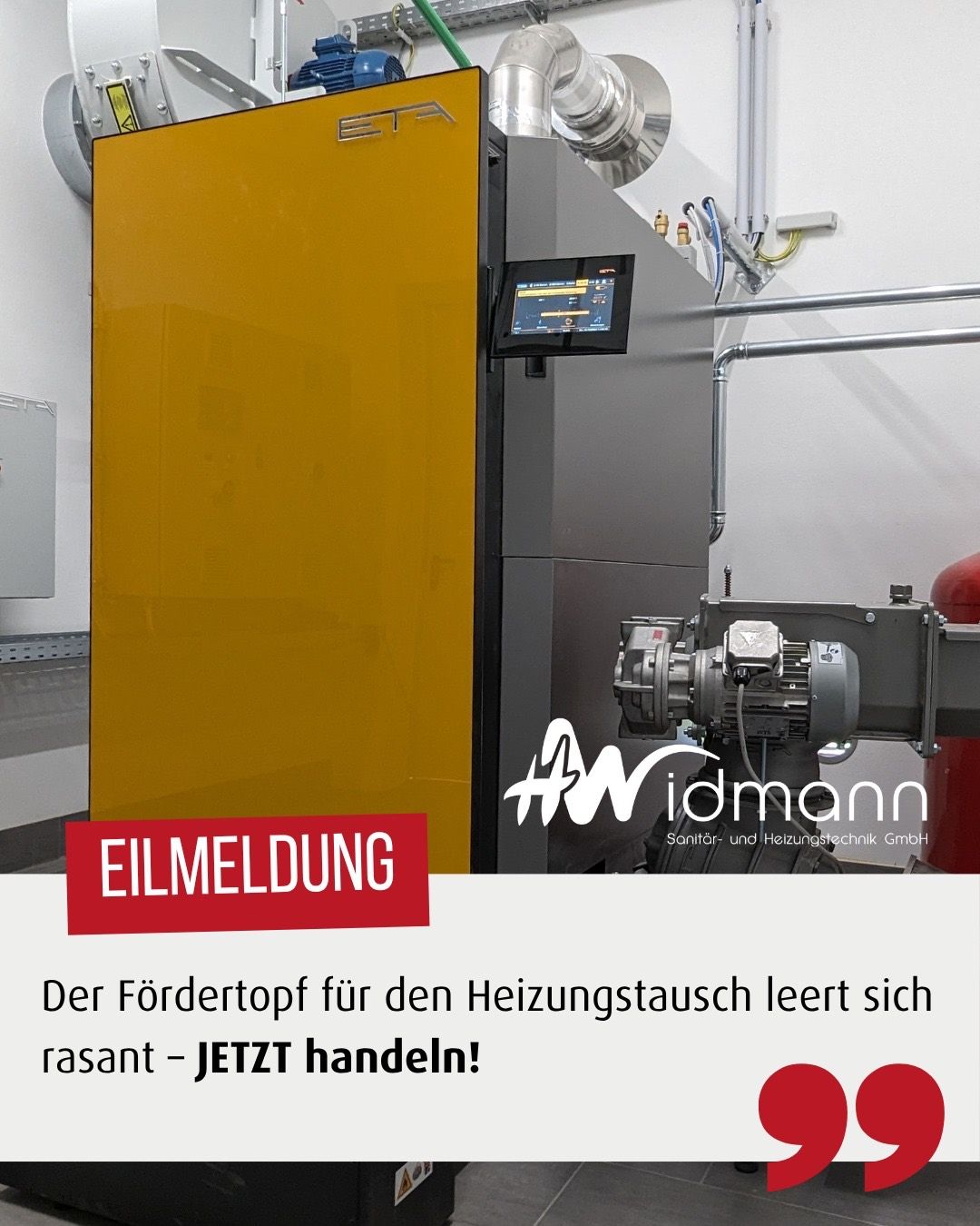 Der Fördertopf für den Heizungstausch ist leer und muss gehandelt werden. Ein rotes Banner sagt 'Eilmeldung'. Die Pumpe ist an einer weißen Wand montiert und ein Logo ist sichtbar.