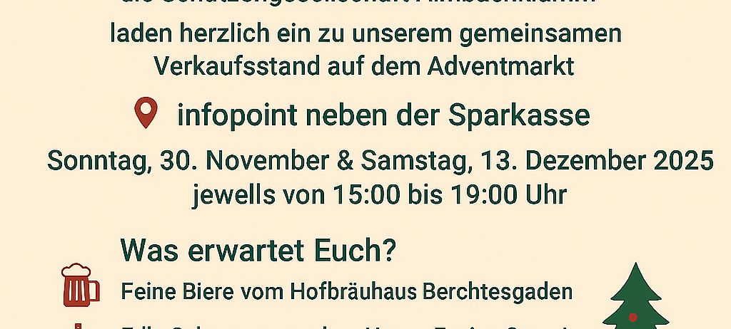 Markt Schellenberg Plakat lädt zu einem Verkaufsstand von zwei Vereinen auf dem Adventmarkt ein. Termine sind Sonntag, 30. November, und Samstag, 13. Dezember 2025, von 15:00 bis 19:00 Uhr. Angebote umfassen feine Biere, Edelschnäpse und wärmende Gespräche. Kein Eintrittspreis.