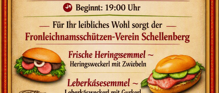 Plakat für ein Standkonzert der Schellenberger Musikkapelle am 14. August 2026 mit Speisen wie Hering und Leberkäse und Getränken wie Bier und Wein.