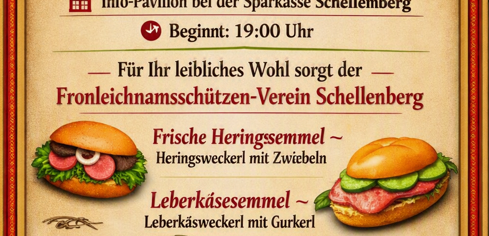 Plakat für ein Standkonzert der Schellenberger Musikkapelle am 14. August 2026 mit Speisen wie Hering und Leberkäse und Getränken wie Bier und Wein.