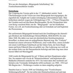 Das Dokument beschreibt die historische Entstehung der Freiwilligen Feuerwehr Schellenberg. Sie entstand aus der ehemaligen Bürgergarde Schellenberg im 17. Jahrhundert. Die Feuerwehr wurde von den ehemaligen Direktoren der Schellenberger Holzstofffabrik, HEILMANN, gegründet. Das Dokument erwähnt auch die Uniformen und Waffen, die von der Bürgergarde verwendet wurden.
