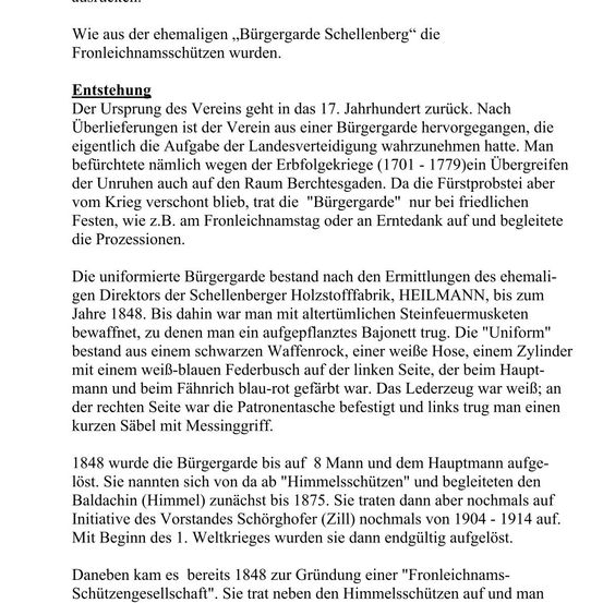 Das Dokument beschreibt die historische Entstehung der Freiwilligen Feuerwehr Schellenberg. Sie entstand aus der ehemaligen Bürgergarde Schellenberg im 17. Jahrhundert. Die Feuerwehr wurde von den ehemaligen Direktoren der Schellenberger Holzstofffabrik, HEILMANN, gegründet. Das Dokument erwähnt auch die Uniformen und Waffen, die von der Bürgergarde verwendet wurden.
