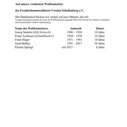 Das Dokument ehrt die verdienten Waffenmeister des Frontalschutzvereins Schellenberg e.V. Es würdigt ihr Engagement für Tradition, Sicherheit und Gemeinschaft. Die Tabelle listet ihre Namen, Amtszeit und Dienstjahre auf.