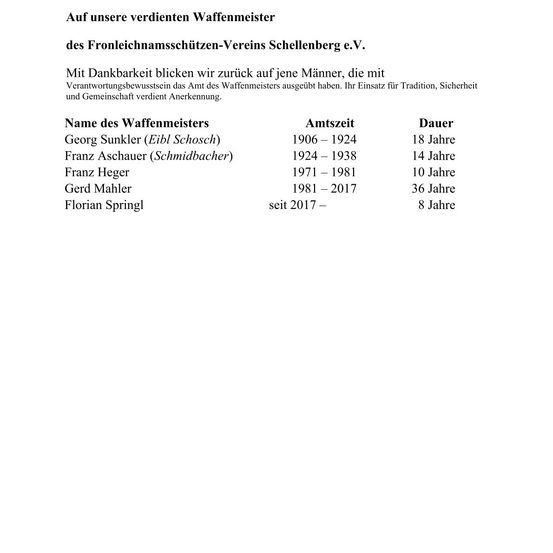 Das Dokument ehrt die verdienten Waffenmeister des Frontalschutzvereins Schellenberg e.V. Es würdigt ihr Engagement für Tradition, Sicherheit und Gemeinschaft. Die Tabelle listet ihre Namen, Amtszeit und Dienstjahre auf.