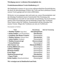 Das Dokument würdigt die verdienten Ehrenmitglieder des Frontleichamschutzverein Schellenberg e.V. Es erinnert an ihr jahrelanges Wirken, ihre Treue und ihren selbstlosen Einsatz, die unseren Verein geprägt und erfüllt haben. Die Anerkennung ist ein Zeichen ihrer bleibenden Beiträge und ein dauerhaftes Zeugnis ihrer Verdienste.
