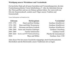 Ein herzlicher Dank gilt allen Gästen und Veranstaltungsorten, die dem Frontleichnamsschützen-Verein Schellenberg e.V. über die Jahrzehnte hinweg ihre Türen geöffnet und uns ein Zuhause geboten haben. Sie waren nicht nur Orte der Zusammenkunft, sondern auch Träger unserer Tradition und Gemeinschaft. Unsere Herberge hat sich im Wandel der Zeit verändert. Jeder dieser Orte hat unsere Geschichte mitgetragen, durch Gastfreundschaft, Herzlichkeit und die Bereitschaft, unsere Traditionen mit zu tragen.