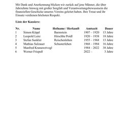 Eine Tabelle listet Personen mit ihren Namen, Heimatorten, Amtszeiten und Dienstjahren auf. Die Liste umfasst Simon Köppl, Leopold Lenz, Stefan Sunkler, Mathias Sulzauer, Manfred Kranawetvogl und Werner Friepeß. Ihre Dienstjahre reichen von 1907 bis 2022.