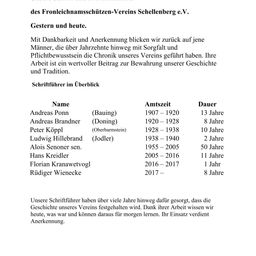 Das Dokument hebt die Chronik des Schellenberg-Vereins hervor und würdigt den engagierten Dienst seiner früheren Leiter. Ihre Beiträge haben die Geschichte des Vereins bewahrt und ermöglichen es zukünftigen Generationen, aus der Vergangenheit zu lernen.