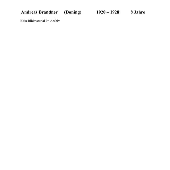Das Bild zeigt einen Namen, Andreas Brandner, mit einem Ort in Klammern, Doning, und einem Datumsbereich, 1920-1928, gefolgt von '8 Jahre'. Darunter befindet sich ein Hinweis, der lautet: 'Kein Bildmaterial im Archiv.'